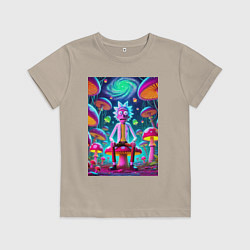 Футболка хлопковая детская Рик среди неоновых грибов - нейроарт фантазия, цвет: миндальный