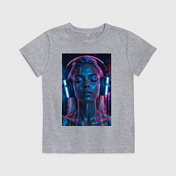 Футболка хлопковая детская Девушка с наушниками в неоне, цвет: меланж
