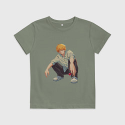 Футболка хлопковая детская Человек-бензопила Денджи чилл, цвет: авокадо