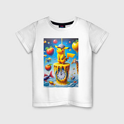 Футболка хлопковая детская Funny Pikachu and fishes - surrealism, цвет: белый