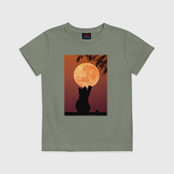 Футболка хлопковая детская Кот трогает луну, цвет: авокадо