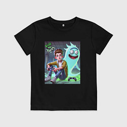 Футболка хлопковая детская Морти и призрак Рика Санчеса - нейроарт фантазия, цвет: черный