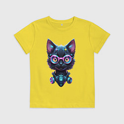 Футболка хлопковая детская Прикольный котёнок - киберпанк, цвет: желтый