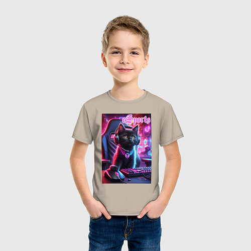 Детская футболка Чёрный котёнок - киберспорт / Миндальный – фото 3