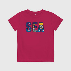 Футболка хлопковая детская Парусник на морских волнах, цвет: маджента