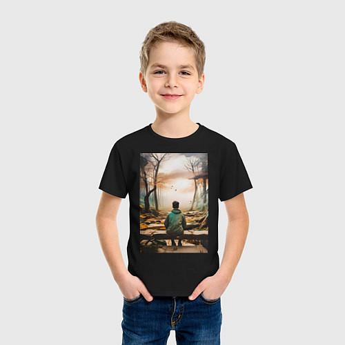 Детская футболка Мальчик на скамейке / Черный – фото 3