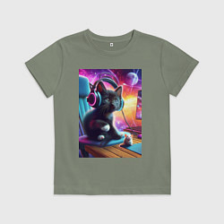 Футболка хлопковая детская Котёнок в наушниках и мышка, цвет: авокадо