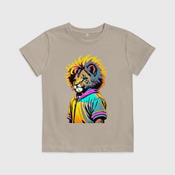 Футболка хлопковая детская Прикольный львёнок - поп-арт, цвет: миндальный