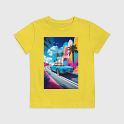 Футболка хлопковая детская Кабриолет едет по тропическому острову, цвет: желтый