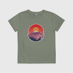 Футболка хлопковая детская Гора Фудзи с сакурой, цвет: авокадо