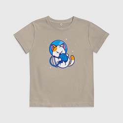Футболка хлопковая детская Котик космонавт с клубком, цвет: миндальный