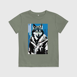 Футболка хлопковая детская Волк в мегаполисе - нейроарт, цвет: авокадо