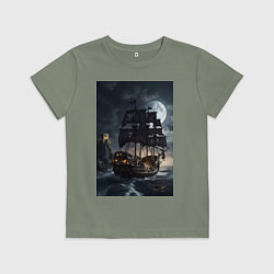 Футболка хлопковая детская Пиратский корабль в шторм, цвет: авокадо