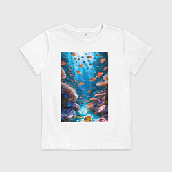 Футболка хлопковая детская Подводный коралловый риф с рыбками, цвет: белый