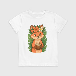 Футболка хлопковая детская Тропическая лисичка, цвет: белый