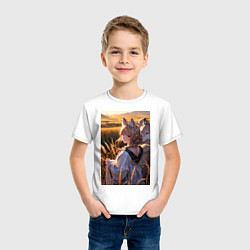 Футболка хлопковая детская Девушка-волчица посреди поля пшеницы, цвет: белый — фото 2