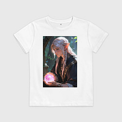 Футболка хлопковая детская Серьёзная эльфийка с магической сферой, цвет: белый