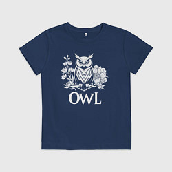Футболка хлопковая детская Сова на ветке в цветах, цвет: тёмно-синий