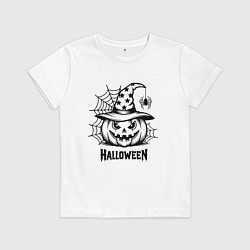 Футболка хлопковая детская Хэллоуин, тыква и паук, цвет: белый