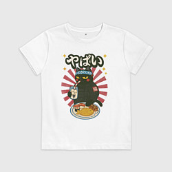 Футболка хлопковая детская Неко кот чёрный самурай каваи, цвет: белый