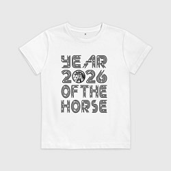 Футболка хлопковая детская Символ года 2026 красная огненная лошадь, цвет: белый