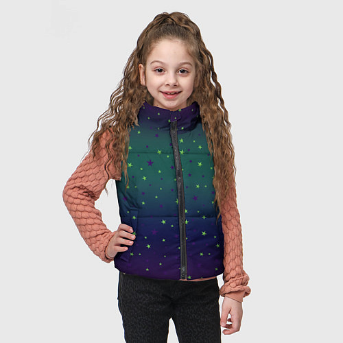 Детский жилет Неоновые зеленые и сиреневые звезды на темно зелен / 3D-Светло-серый – фото 3