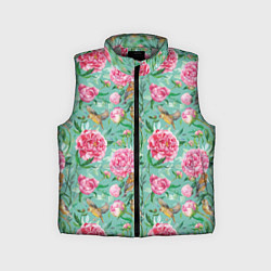 Детский жилет Пионы и зеленушка на зеленом, цвет: 3D-светло-серый