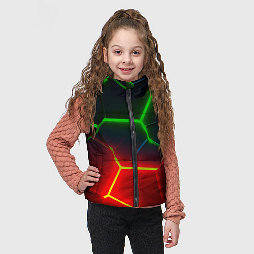 Детский жилет Зеленые и красные неоновые плиты в разломе / 3D-Красный – фото 3