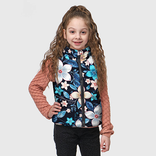 Детский жилет Сине-белые цветы на чёрном фоне / 3D-Красный – фото 3