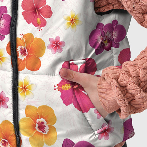 Детский жилет Тропический букет - узор с яркими гибискусами и ор / 3D-Черный – фото 5