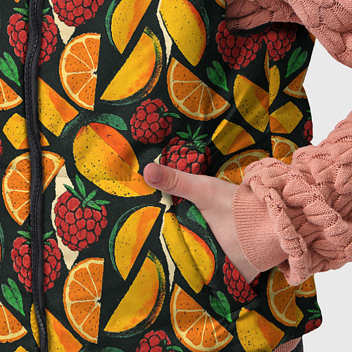 Детский жилет Ягоды и фрукты в паттерне: малина манго апельсин / 3D-Черный – фото 5