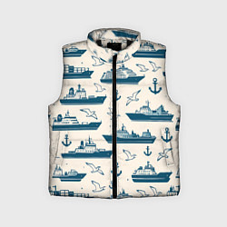 Детский жилет Морской паттерн из чаек, якорей и кораблей, цвет: 3D-черный