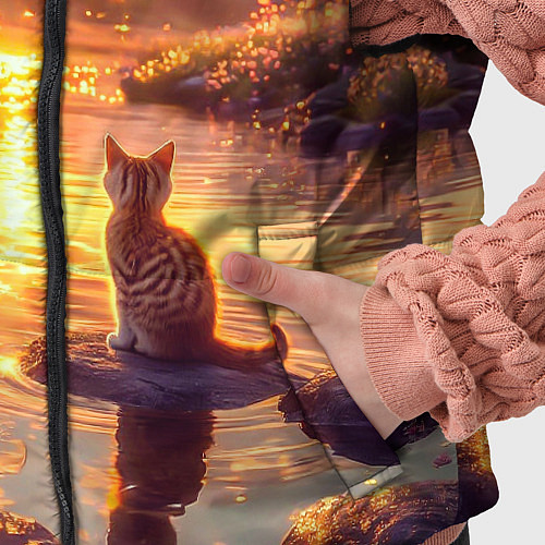 Детский жилет Котёнок на камушке глядит на золотые лучи / 3D-Черный – фото 5