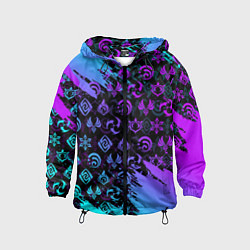 Ветровка с капюшоном детская GENSHIN NEON PATTERN SYMBOL НЕОН ЭМБЛЕМЫ, цвет: 3D-черный
