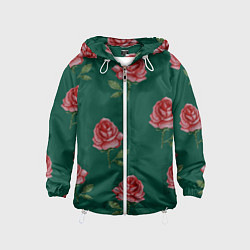Ветровка с капюшоном детская Ярко красные розы на темно-зеленом фоне, цвет: 3D-белый