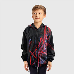 Ветровка с капюшоном детская Неоновые лучи в абстракции - Красный и синий, цвет: 3D-черный — фото 2