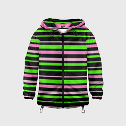 Ветровка с капюшоном детская Полосаты узор в зелено-розовых оттенках на черном, цвет: 3D-черный