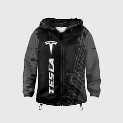 Ветровка с капюшоном детская Tesla speed на темном фоне со следами шин: по-верт, цвет: 3D-черный