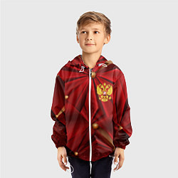 Ветровка с капюшоном детская Золотой герб России на красной абстракции, цвет: 3D-белый — фото 2