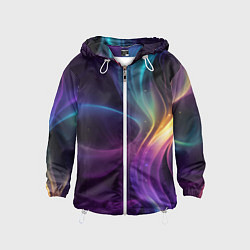 Ветровка с капюшоном детская Радужные неоновые волны и разводы на черном фоне, цвет: 3D-белый