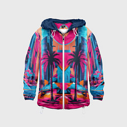 Ветровка с капюшоном детская Пальмы среди небоскребов, цвет: 3D-белый