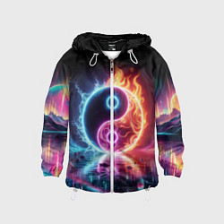 Ветровка с капюшоном детская Инь янь - неоновый космос, цвет: 3D-белый