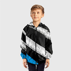 Ветровка с капюшоном детская Диагональные чёрно-белые полосы на синем фоне, цвет: 3D-черный — фото 2