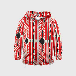 Ветровка с капюшоном детская Бело-красные техно полосы на чёрном фоне, цвет: 3D-белый