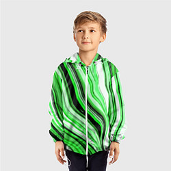 Ветровка с капюшоном детская Волнистые вертикальные чёрно-зелёные полосы, цвет: 3D-белый — фото 2