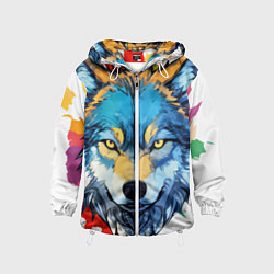 Ветровка с капюшоном детская Волк яркий арт, цвет: 3D-белый