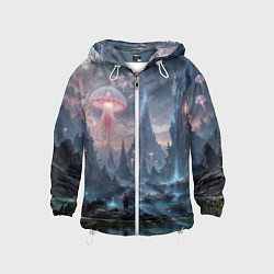 Ветровка с капюшоном детская Фантастический мир с медузами и озеро у гор, цвет: 3D-белый