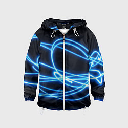 Ветровка с капюшоном детская Неоновые голубые волны на черном фоне, цвет: 3D-белый