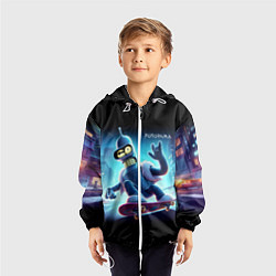 Ветровка с капюшоном детская Bender is a skateboarder in neon street - ai art, цвет: 3D-белый — фото 2