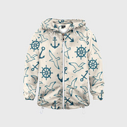 Детская ветровка Морской паттерн из штурвалов, чаек и якорей